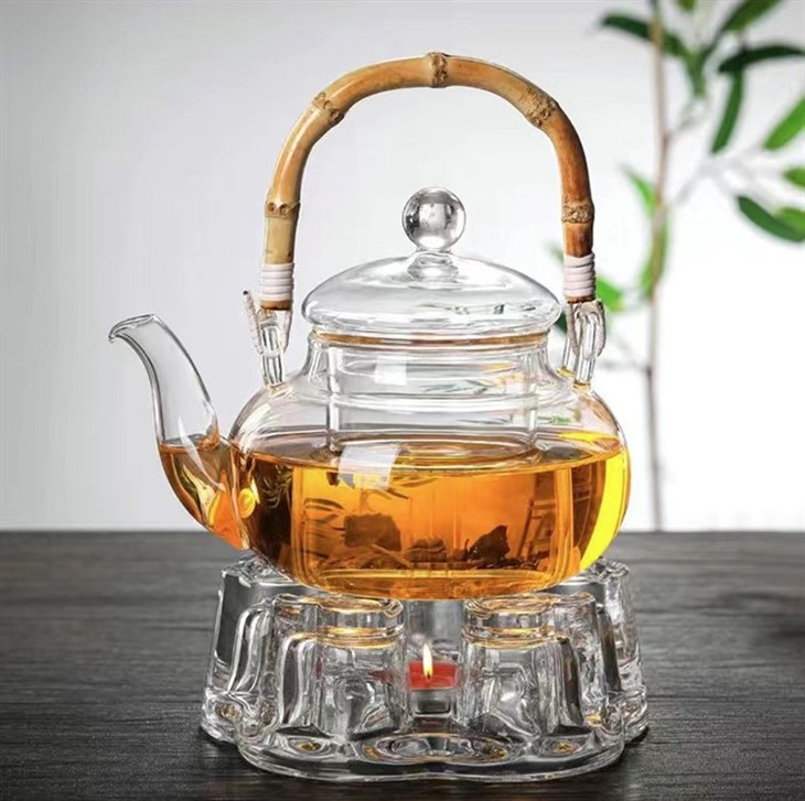 Yellow Bamboo Handle Transparent Glass Teapot